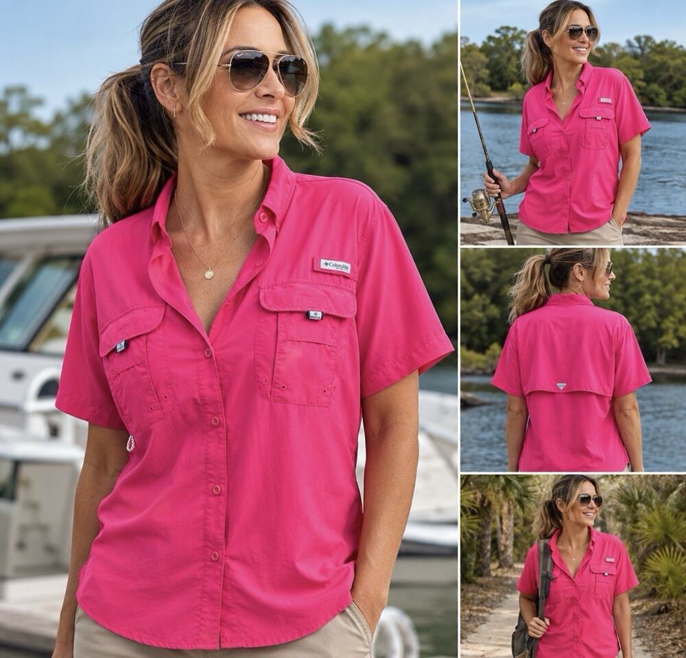 Columbia PFG Bahama Women’s XL Pink Vented Fishing Shirt Short Sleeve Button Up